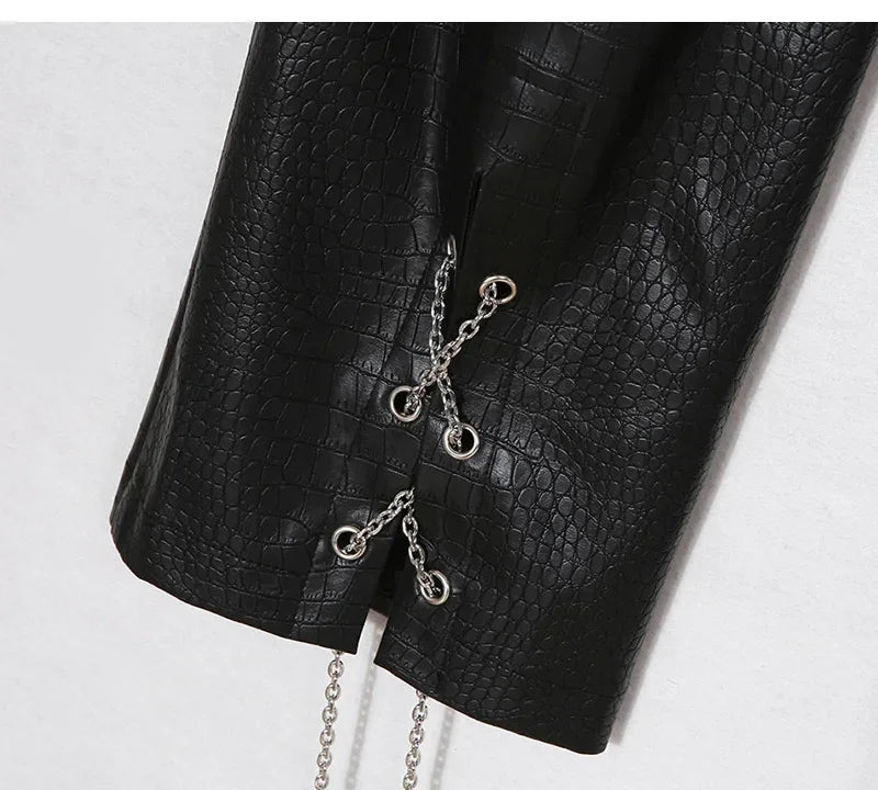 Lautaro Autumn Long Black Crocodile Texture Leather Pants Women Zipper High Waist Y2k Clothes Streetwear Women Trousers 2022