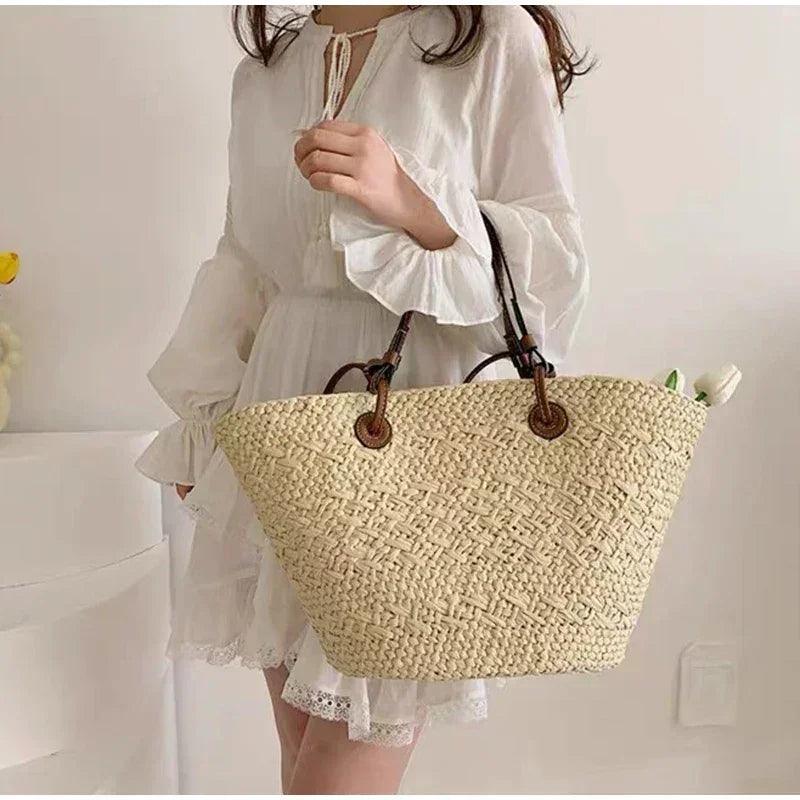 Designer bohemian chic shoulder bag,solid color large capacity straw woven tote bag,nature-inspired beach vacation