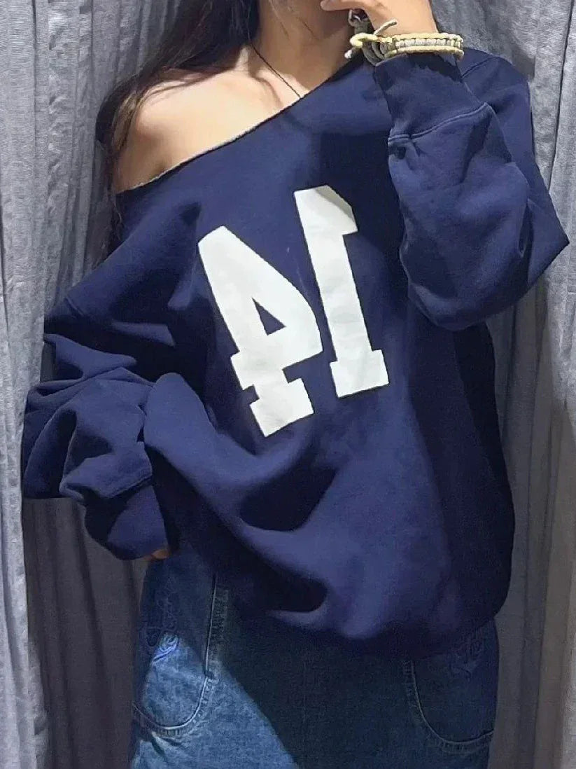 14 Print Oversized Sweatshirt For Women Sexy Scoop