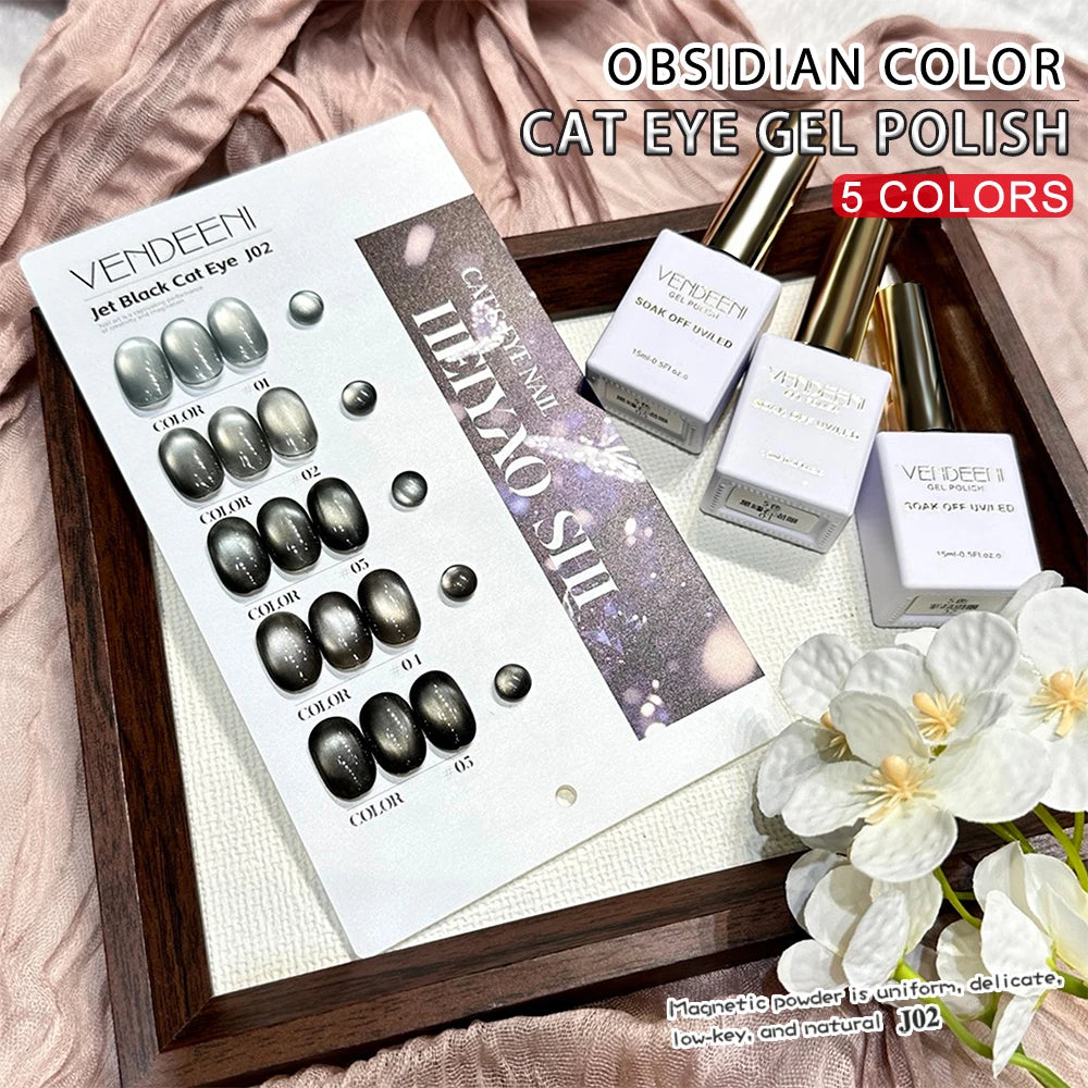 Vendeeni 5 Color/Set Obsidian Cat Eye Gel Nail Polish Magnetic UV LED Gel Varnish Black Crystal Cat Eye Gel Lacquer With Display