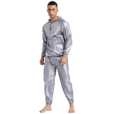 Mens Sauna Sweat Outfit Long Sleeve Hooded Jacket Outerwear and Elastic Waist Long Pants PVC Sweating Suit for Gym Workout