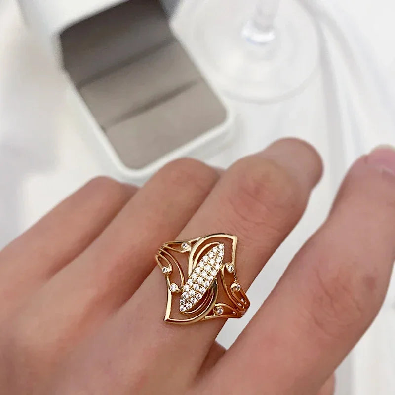 Kinel New Fine Curve Women Rings 585 Rose Gold With Micro Wax Inlay Natural Zircon Ethnic Bride Ring Unique Fashion Jewelry