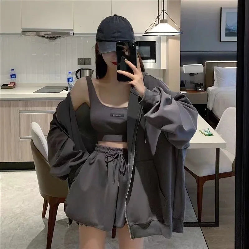 Casual Shorts Three 3 Piece Sets Women Vest Drawstring Shorts Hooded Zipper Jacket Sportswear Suits Female Solid Sports Hoodie