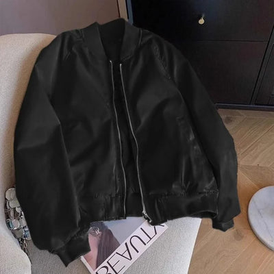 Bomber Jacket for Women Winter Zip-up White Plain Loose Baseball Aviator Coat