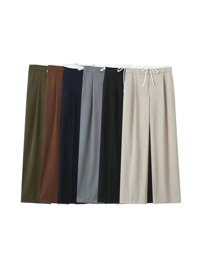Women's Double Waistband Wide Leg Pants, High Elastic Waist With Drawstring, Side Pockets, Female Trousers, Chic Fashion