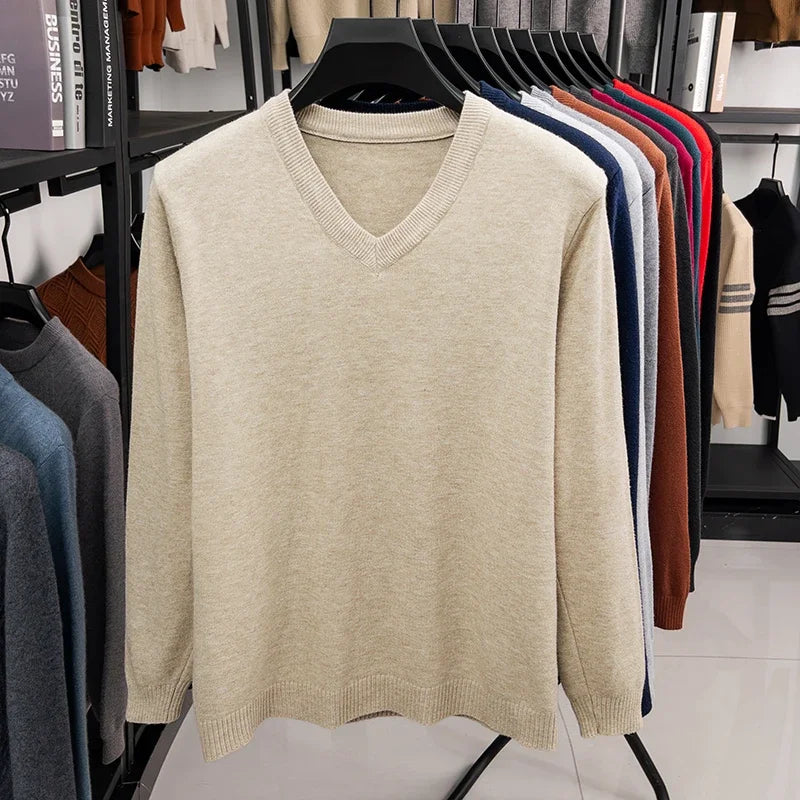 New Sweatwear Men's V Neck Basic Solid Color Sweaters Round Neck Elastic Pullovers Warm Autumn Knitted Oversized Sweater Men