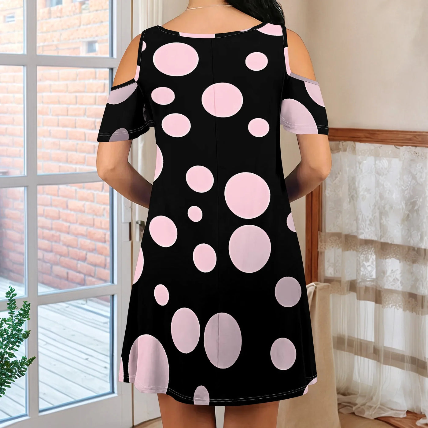 Women's Black Dress with Pink Dots S-3XL