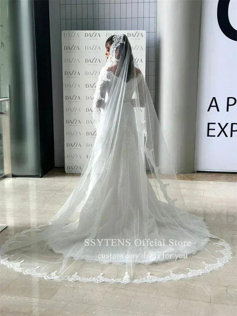 V neck wedding dresses lace long sleeves queen bride gown