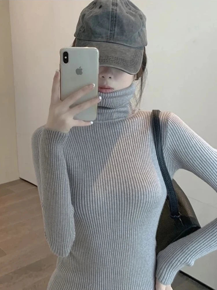 Elegant Turtleneck Knitted Women Dress Elastic Long Sleeve Above Knee vestidos mujer Basics Solid Slim-fit Dresses Female