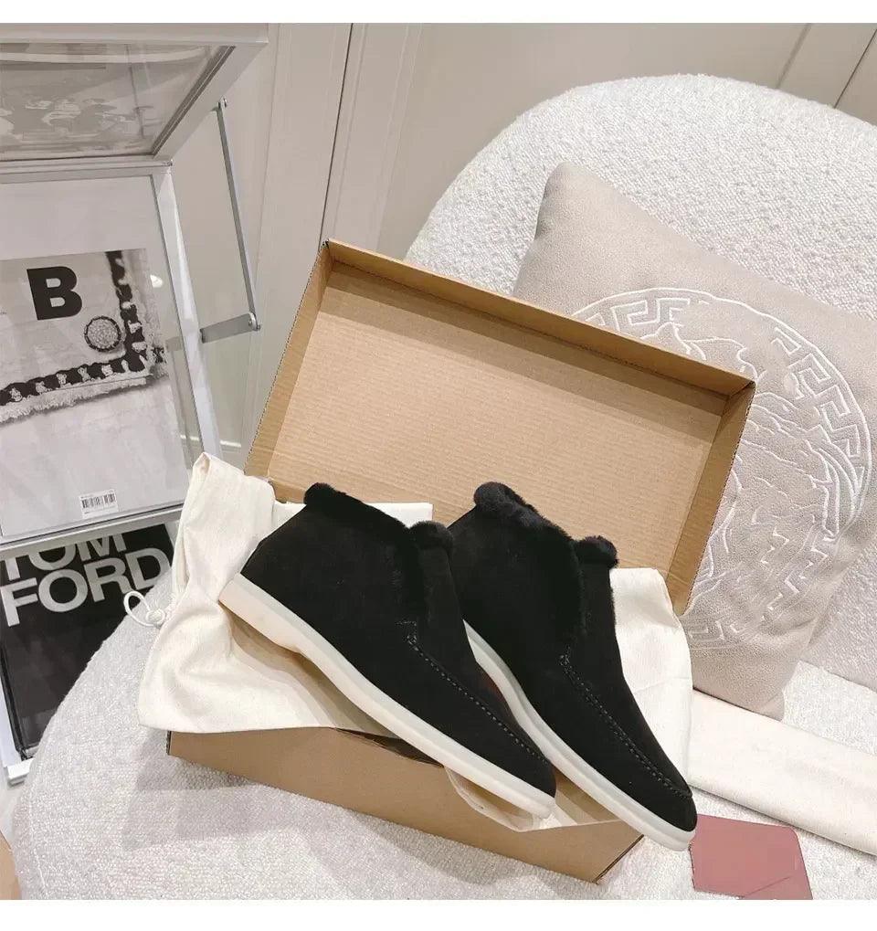 Fur ankle boots women’s cow suede loafers high quality 2025 winter flat shoes integrated warm snow