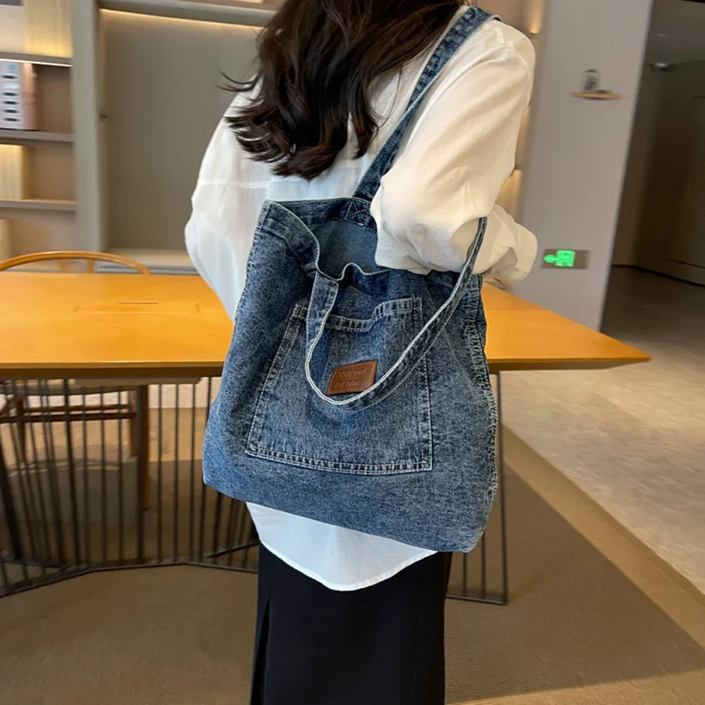 Women Shoulder Bag Luxury Designer Denim Handbag Fashionalbe Clutch Bag Vintage Simple Female Commuter Handbag for Office Travel