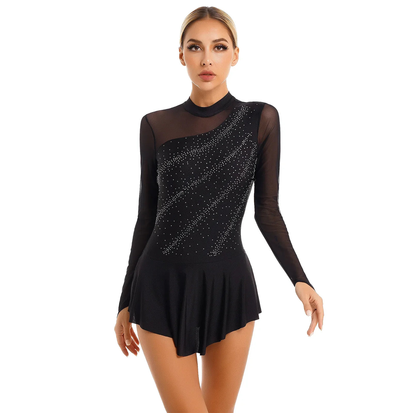 Women Modern Lyrical Dress Camisole Dance Costume Ballet Asymmetric High-Low Mesh Skirted Sleeveless Leotard Gymnastic Dancewear