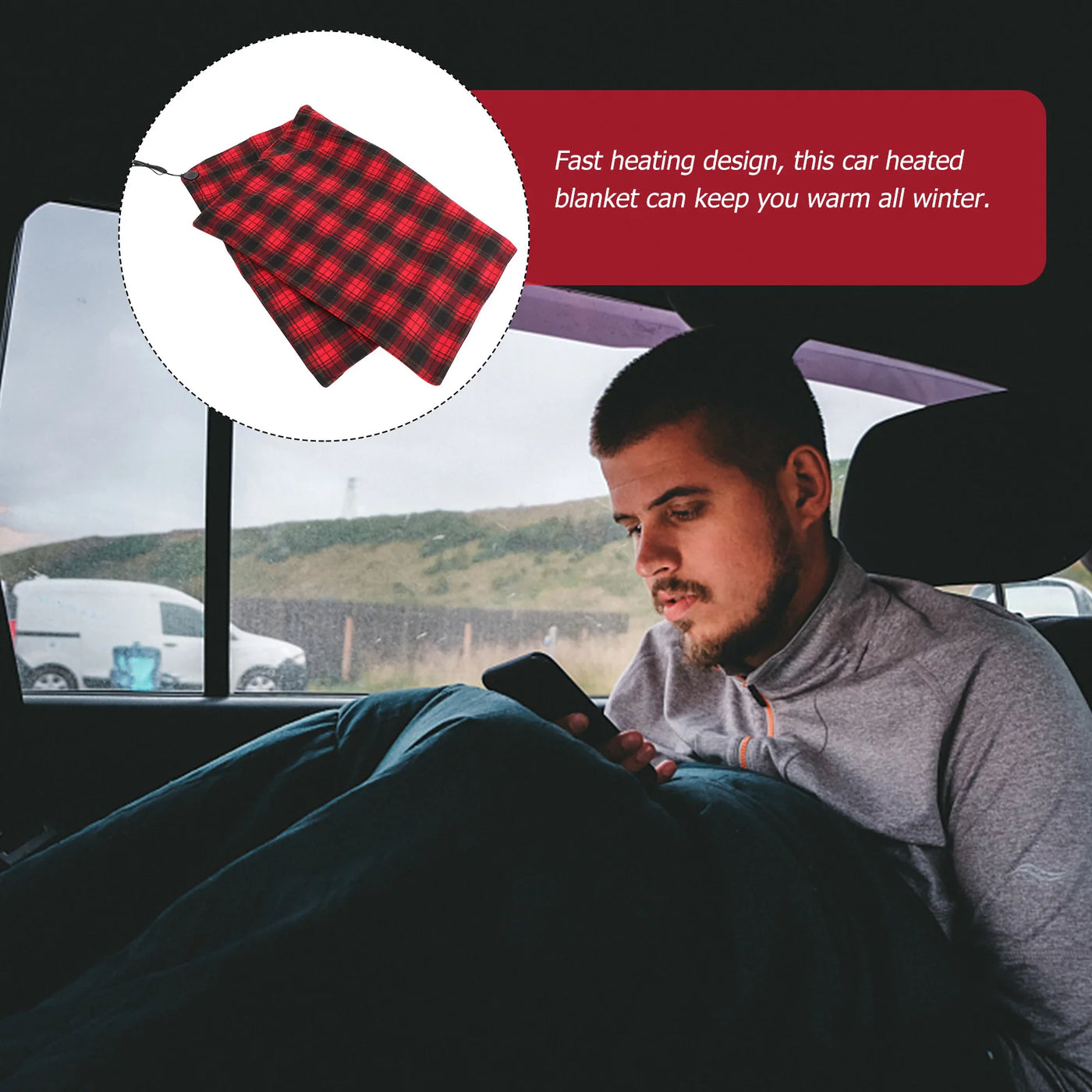 Car Heating Blanket 12V Electric Blanket with 65C Thermostat Automatic Temperature Control Heated Throw for Road Trips