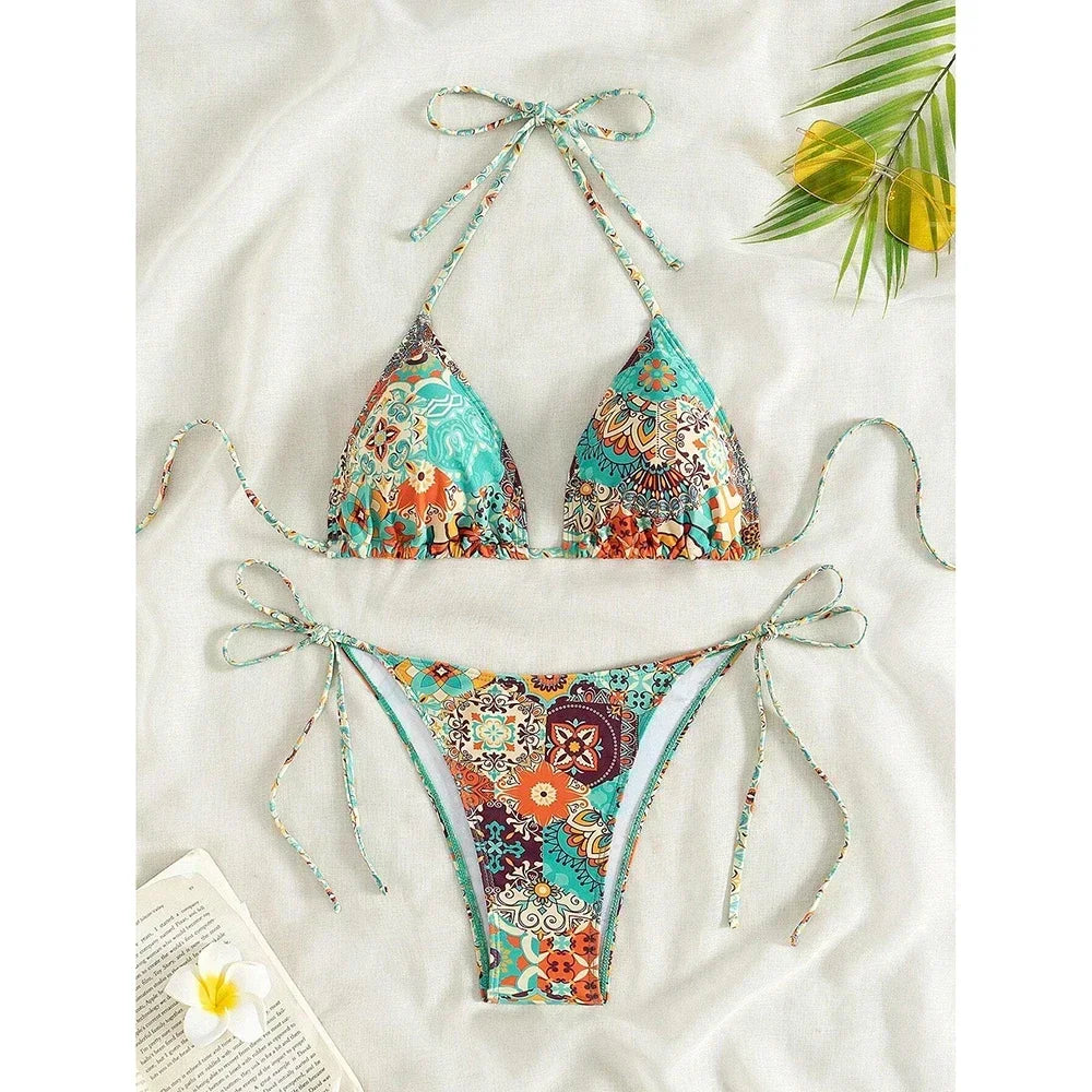 Swimsuit 2025 Female Micro Bikini Women Swimwear Summer Beachwear Women's Bathing Suit Floral Print Neck Halter Thong Bikini Set