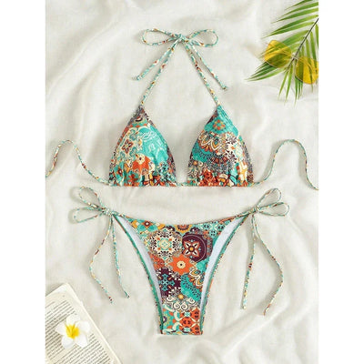 Swimsuit 2025 Female Micro Bikini Women Swimwear Summer Beachwear Women's Bathing Suit Floral Print Neck Halter Thong Bikini Set