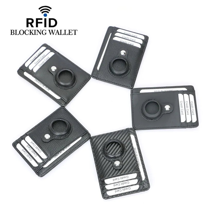 RFID blocking carbon fiber black leather slim wallet with AirTag holder