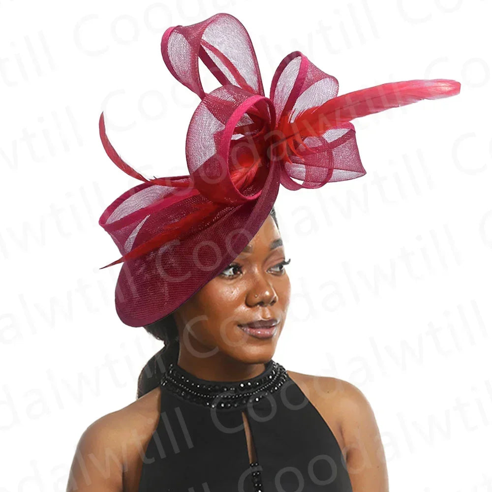 Royal Ascot Red Hair Fascinator Veils Hat Women Church Wedding Fascinaors Hat Headband Feather Derby Headpiece Ladies Chapeau