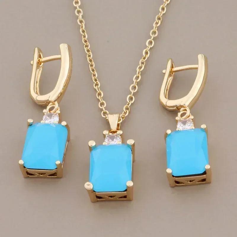 New trend natural zircon drop earrings sets gold color colorful for women luxury necklaces and set