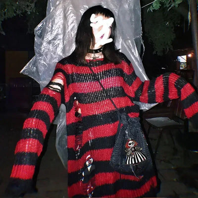 Gothic Sweaters Women Ripped Holes Loose Knitted Purple Striped Pullover Frayed Fairy Grunge Jumpers Emo Streetwear Lolita