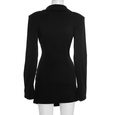 Women Elegant Blazer Mini Dress Sexy Single Breasted Notched Deep V Neck Full Sleeve Ruched Bodycon Party Outfits Office Lady
