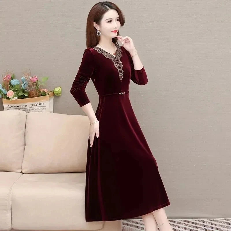 Vintage Applique Velvet Party Dress Women Elegant Slim Long Sleeve A-line New Dresses 2024Spring Casual Knee-length Vestidos