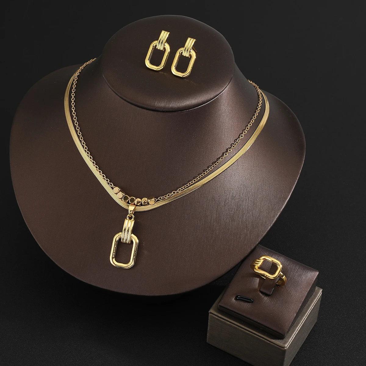 Fine Jewelry Set Stainless steel double layer clavicle chain Necklace+Earrings + Ring Gold Jewelry Sets For Women  Charm Jewelry