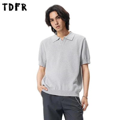 Solid Color Knitted Polo Shirts Mens Simple Summer Retro Casual Loose Half-Sleeve Lapel Tops Men