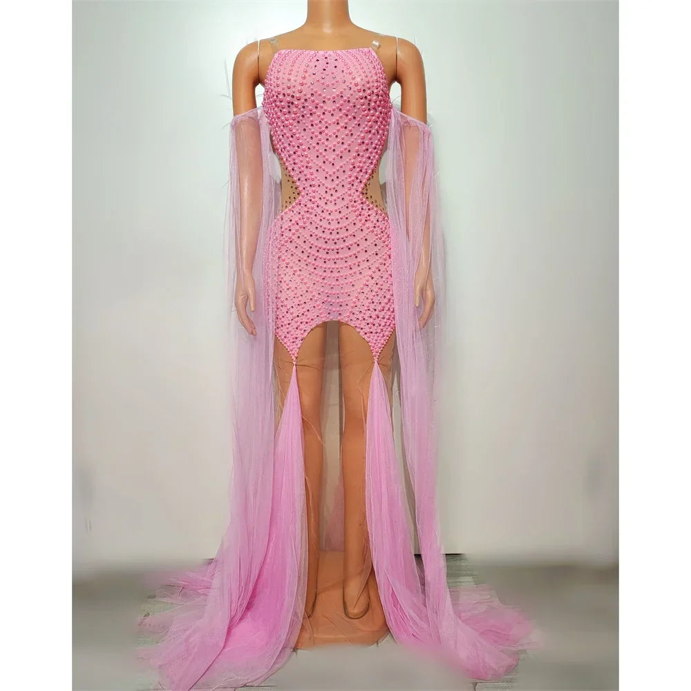 Pink Rhinestones Pearls Dress For Women