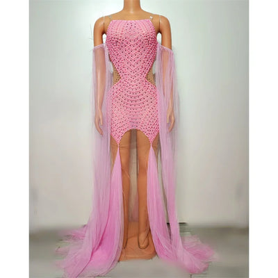 Pink Rhinestones Pearls Dress For Women