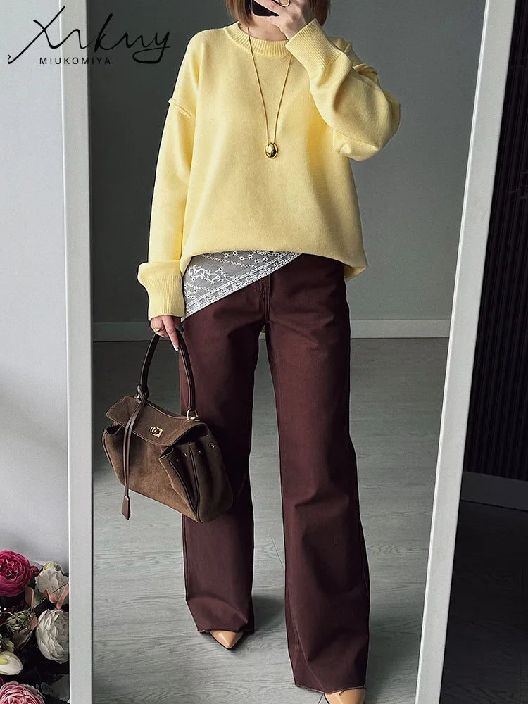 Oversized Fall Yellow Sweaters For Women 2025 Brown Crewneck Sweater Top Ladies Office Warm Knitted Woman Pullovers Winter Grey