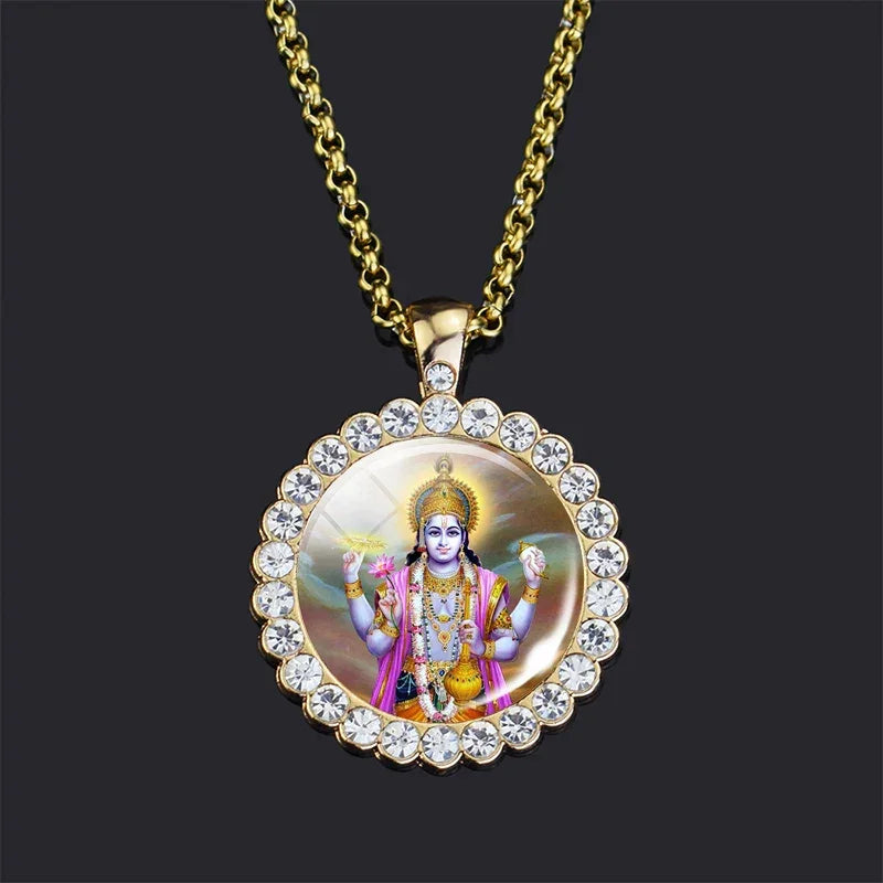 Shiva Parvati Necklace Hindu God Jewelry Vishnu Lakshmi Glass Rhinestone Pendant Chain Necklace Hinduism Jewelry