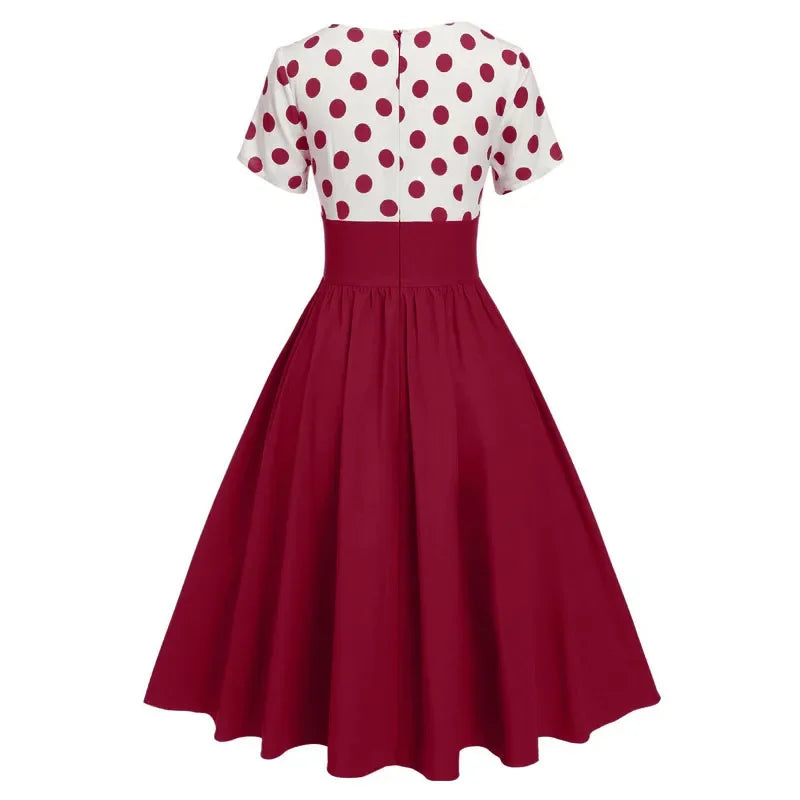 Polka Dot Women Summer Dresses Hepburn Style V-Neck Short Sleeve Vintage Print Patchwork Party Dress Casual A-Line