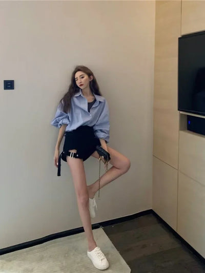 American style high street washed distressed high waisted slightly flared jeans for men and women, trendy brand, cool pants for