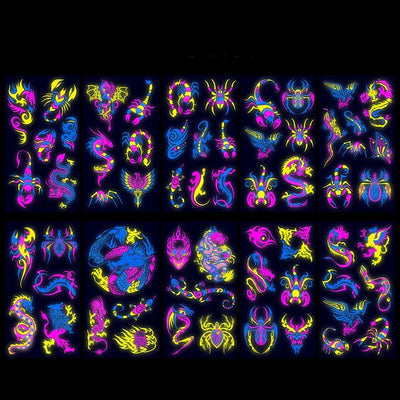 Temporary Fluorescent Tattoos Flower Feather Animals Pattern Body Arm Leg Face Stickers Night Bar Party Music Festival