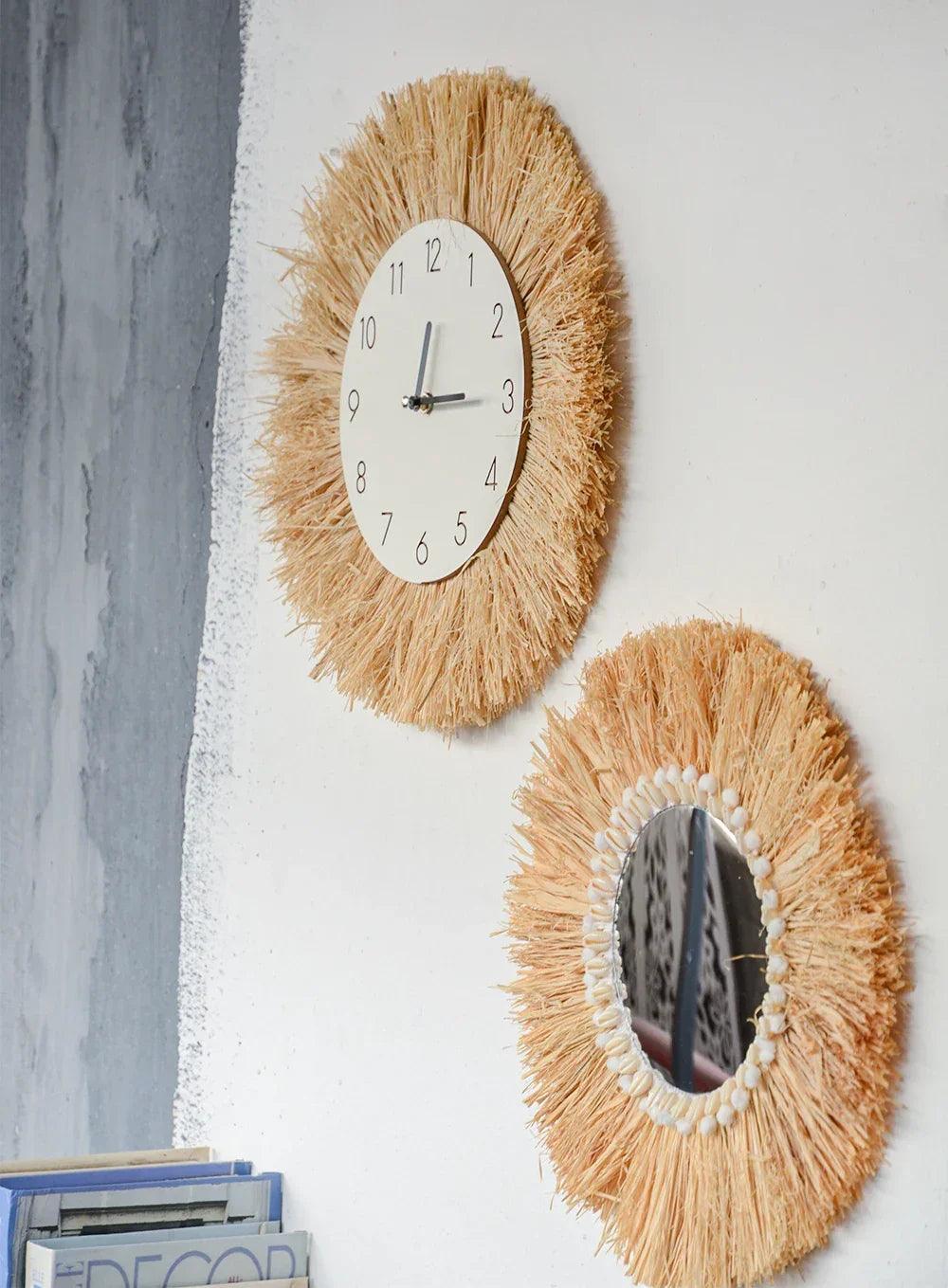 Home decor hanging mirror raffia wood beads acrylic multifunct decorative decorations bedroom wall room