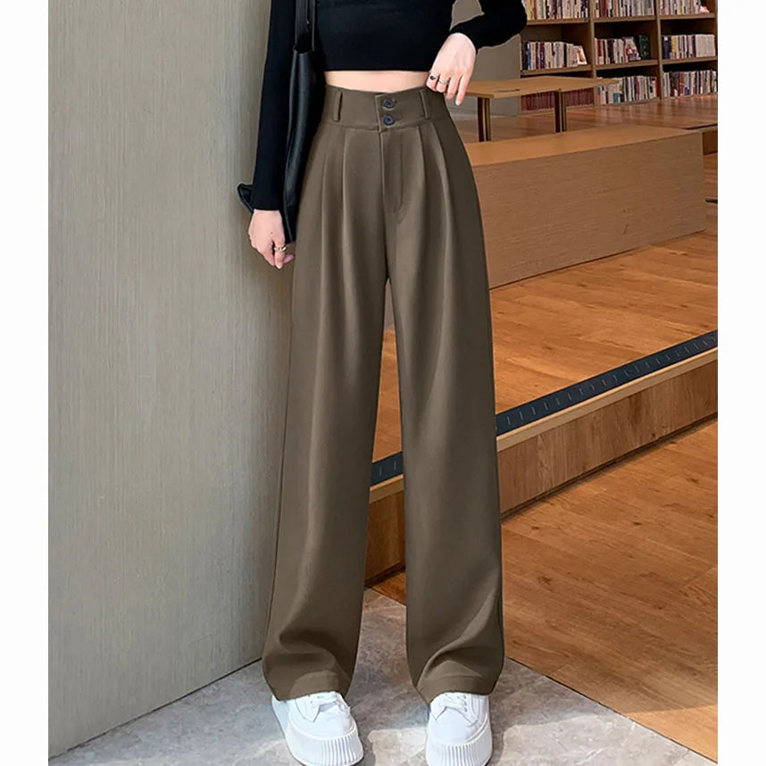 High Waist Wide Leg Pants for Women New Loose Straight Coffee Trousers Autumn Double Buttons Casual Suit Pants Female
