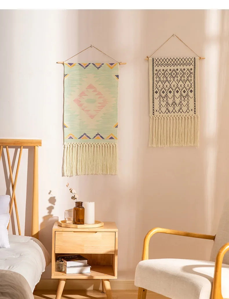 Home decoration Bohemian Tapestry Wall decor aesthetic room Tassel Macrame Hanging Art geometric Woven Cotton Handmade Linen for