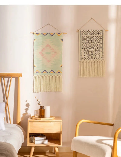 Home decoration Bohemian Tapestry Wall decor aesthetic room Tassel Macrame Hanging Art geometric Woven Cotton Handmade Linen for