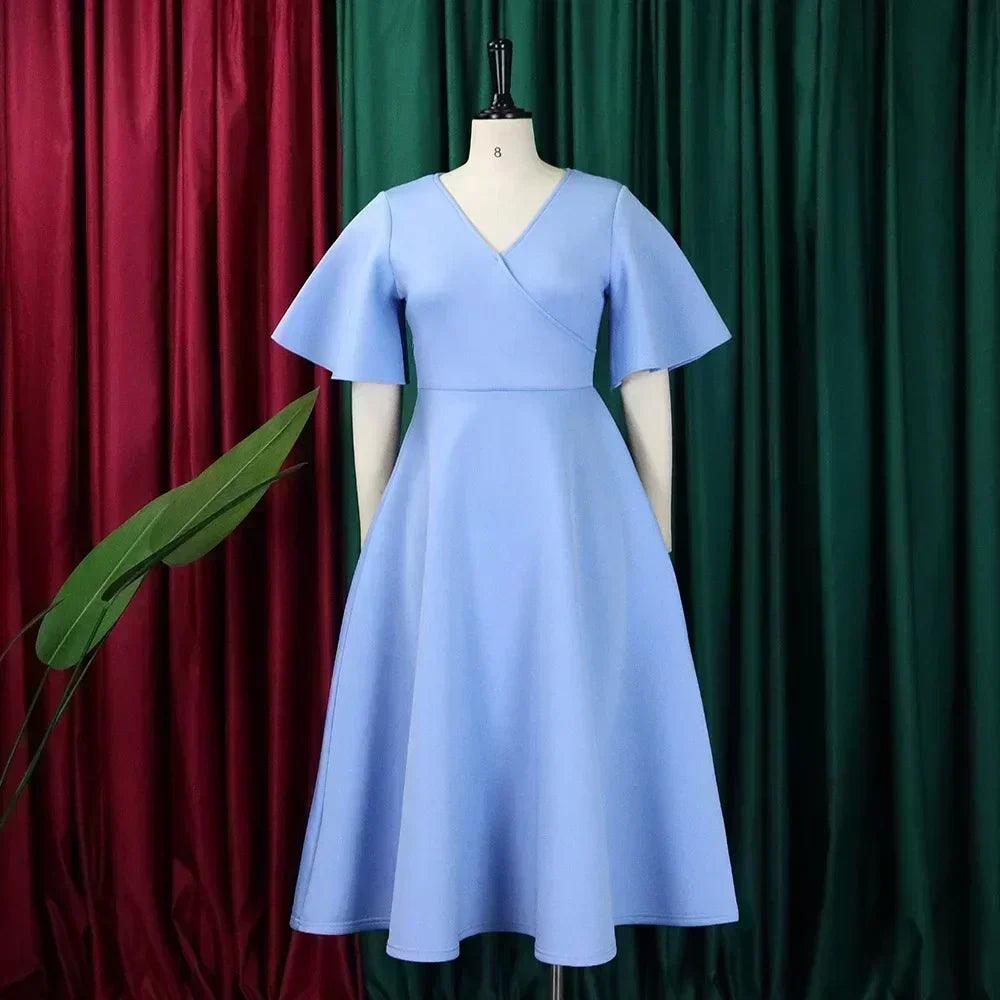 Elegant party dresses for women v neck ruffles sleeve high waisted pleated mid calf luxury birthday dinner vestidos