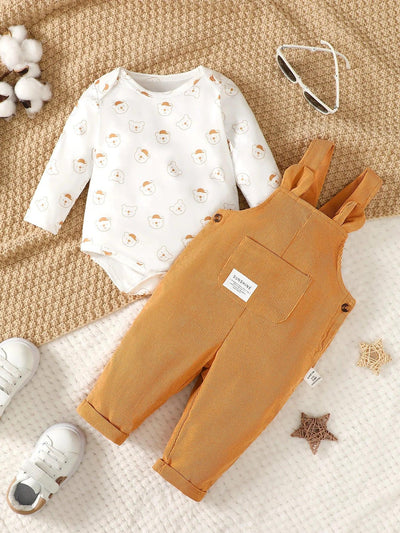 3-24 Months Toddler Baby Boy and Girl 2pcs Clothes Set Bear Print Bodysuit with Green Overall Fashion Cute Autumn&Winter Wear