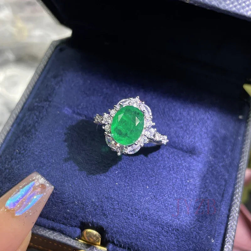 Fine jewelry Sterling Silver Natural Emerald Ring Luxury Shiny Oval gem boutique jewelry new