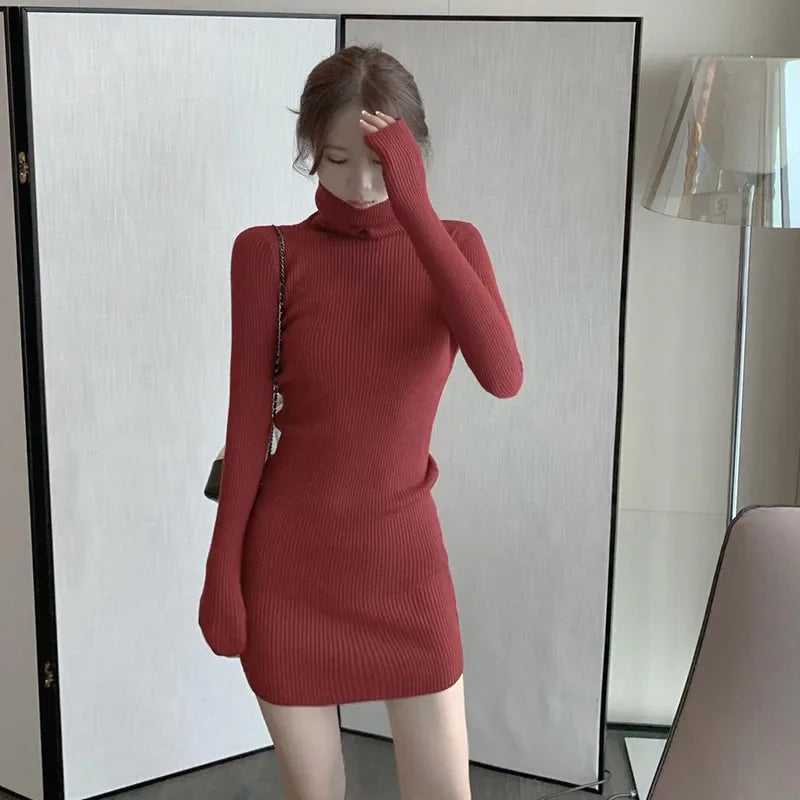 Xpqbb Turtleneck Sweater Dress for Woman Autumn Winter New Solid Slim Knitted Mini Dress Women Sexy Skinny Short Bodycon Dresses