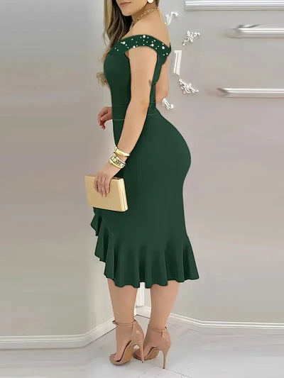 Womens Dresses New Summer Fashion Beaded Off Shoulder Ruffles Slit Hem Elegant Plain Short Sleeve Skinny Midi Party Dress