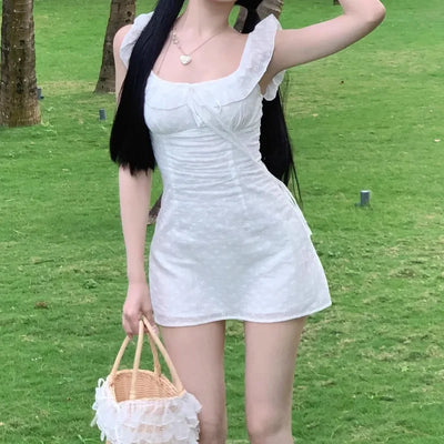 A-line Dresses for Women Skinny Solid Flying Sleeve Summer Korean Style Chic Girls Square Collar Ins Lace-up Mini Lovely