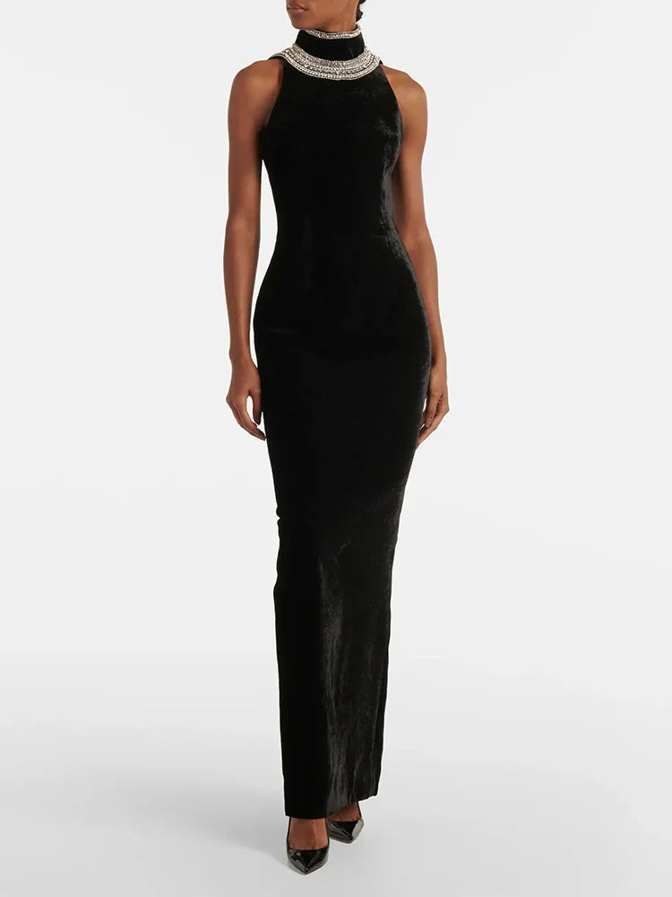 HIGH STREET Newest Fashion 2025 Designer Party Vestido Women's Diamonds Beading Sleeveless Sexy Backless Velvet Long Maxi Dress