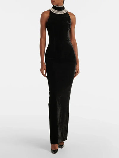 HIGH STREET Newest Fashion 2025 Designer Party Vestido Women's Diamonds Beading Sleeveless Sexy Backless Velvet Long Maxi Dress