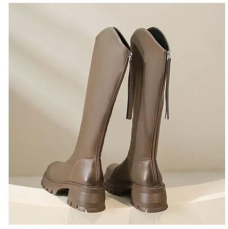 Long tube boots for women 2025 winter new height increasing knight thick heel retro versatile women’s
