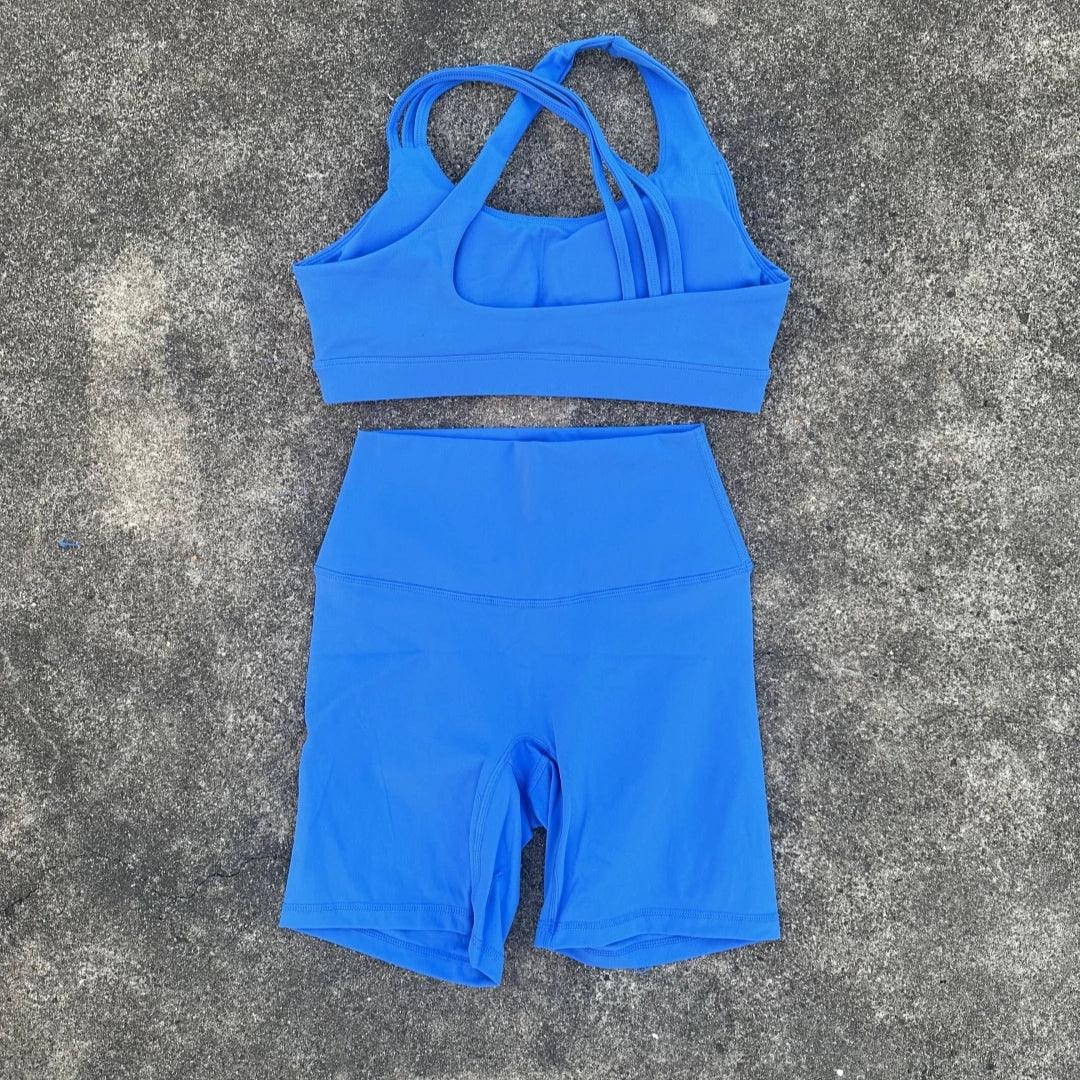 Solid Color Soft Tight Women Gym Yoga Short Legging Cycling Set High Impact Cross Back Shoulder Strap Fitness Sports Bra Workout