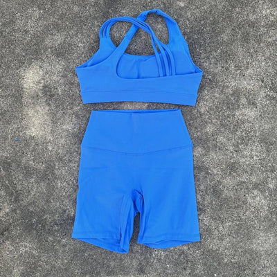 Solid Color Soft Tight Women Gym Yoga Short Legging Cycling Set High Impact Cross Back Shoulder Strap Fitness Sports Bra Workout