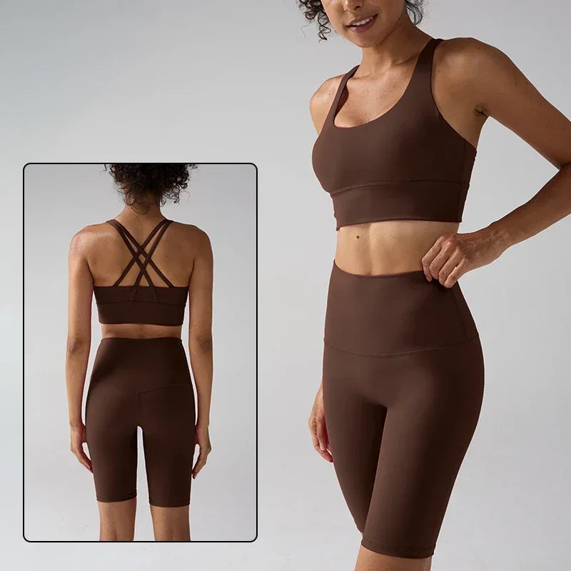 Women's 2 Piece Yoga Gym Sports Set Cross Back Bra Top & High Waist Shorts Fitness Running Workout Tracksuit👚